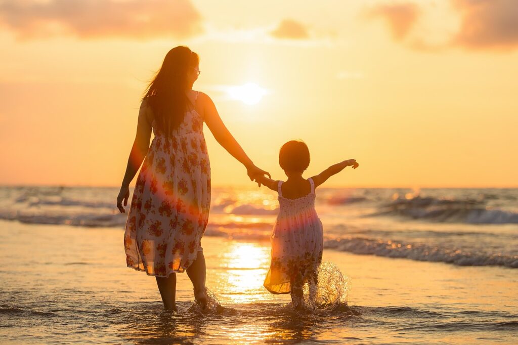 adult, nature, mother, daughter, beach, kids, children, evening, family, girl, parent, people, sea, happy mothers day, thailand, woman, waves, mom, mum, golden light, ocean, sunset